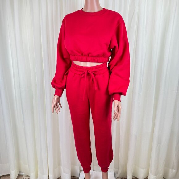 Zenana 2 Pcs Crop Sweatshirt Tracksuit High Waist Jogger Set Active Lounge Red - Picture 3 of 10